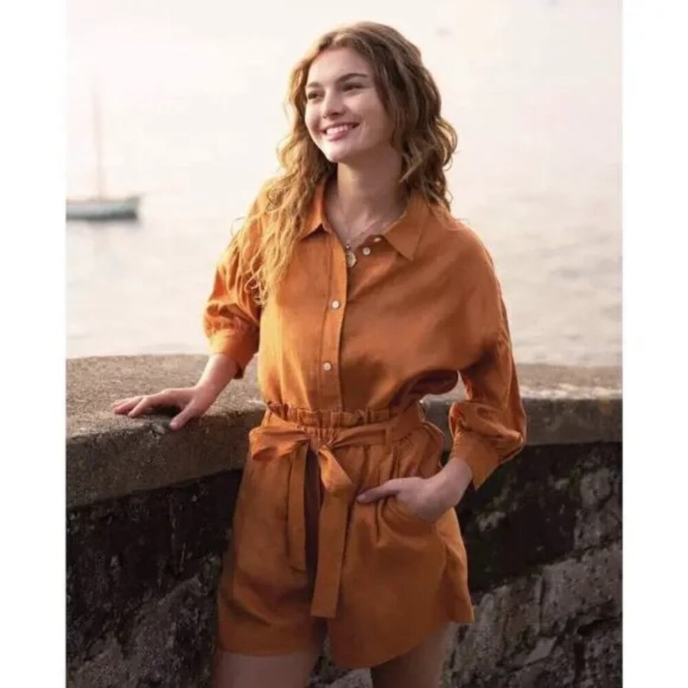 Mersea Voyageur Button-Up Linen Blouse, Size SMALL, Rust/Orange